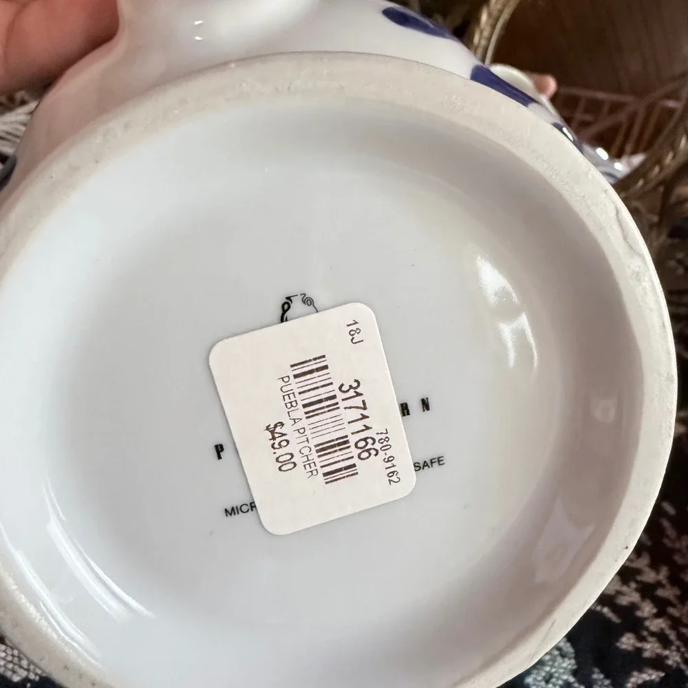 Pottery Barn Puebla Pitcher Hand Painted Blue White Floral Porcelain 6.75